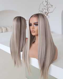 Parrucche Frontali in Pizzo con <span class=keywords><strong>Capelli</strong></span> Umani Europei, Biondo Cenere con Riflessi Marroni, Lisce, Trasparenti HD per Donne - Product Image 4