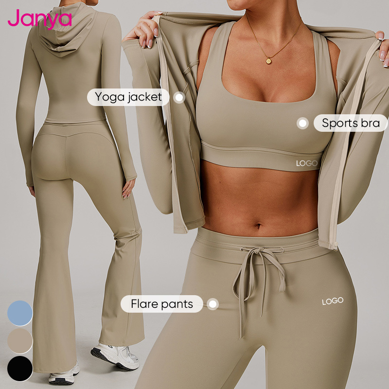 Janya UPF50+ Sun Proof Breathable Women's Sportswear Suit Sports Bra Drawstring Flare Yoga Pants 3 Piece Set Gym Fitness Sets