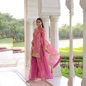 Conjunto de Salwar Kameez de seda Fendi para mujer, largo hasta la rodilla, con bordado de lentejuelas ricas, estilo vintage para fiesta, de secado rápido y protección solar. - Product Image 1