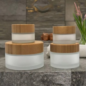 Eco Friendly Cosmetic Luxury 15ml 30ml 50ml 100ml Facial Serum Eye Cream Lotion Packaging Frosted Glass Jar with Bamboo Lid - Product Image 1