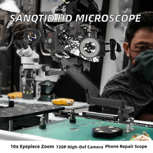 Microscopio Estéreo Trinocular con Cámara 720P HD, Lupa de Inspección con Soporte de Abrazadera y Anillo de Luz para Reparación Móvil - Product Image 2