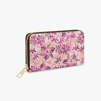 Dompet Panjang Resleting Motif Polinesia Ungu Beige Wanita, Dompet Kulit PU, Dompet Koin & Kartu Wanita Tropis