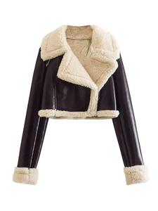 GX005K Hiver Moto Femmes Epais Manteau Chaud Vintage Solid Front Zipper Lapel Neck Faux Fur Long Sleeve Leather Jackets - Product Image 2