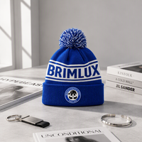 Bonnet tricoté personnalisé avec pompon bleu, logo brodé, bonnet d'hiver tricoté, bonnet de sport, bonnet d'extérieur