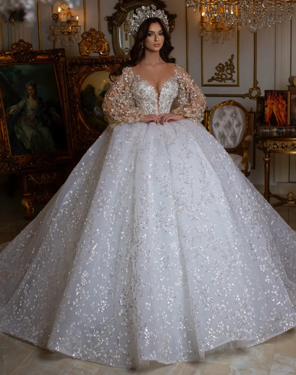 Mumuleo lujo brillo vestidos de novia vestido de baile brillante 3D encaje manga larga vestidos de novia princesa vestido de novia batas De Mariage