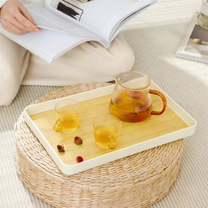 Rectangular Serving Tray Wood Grain Off White Tea Set Holder Home Kitchen Fruit Plate Elegant Design - Product Image 3