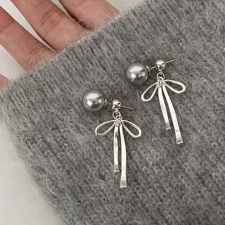 925 argent aiguille mode coréenne Chic alliage métal noeud papillon suspendu gris perle boucles d'oreilles pour femmes filles bijoux