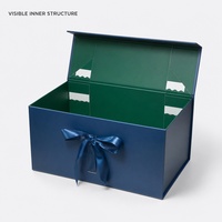 Boîte cadeau imperméable bleu foncé avec doublure en éponge, nœud en ruban sur le devant, structure pliable pour les marques de détail et les cadeaux saisonniers
