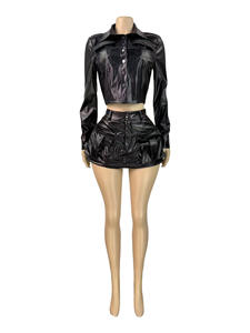 Ensemble en <span class=keywords><strong>cuir</strong></span> PU pour femmes printemps-automne, veste courte en <span class=keywords><strong>cuir</strong></span> extensible et <span class=keywords><strong>jupe</strong></span>-short, ensemble 2 pièces sexy pour club, ensemble en <span class=keywords><strong>cuir</strong></span> deux pièces pour femmes - Product Image 3