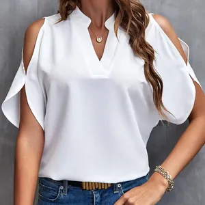 10 colors 2024 Summer New Women's Wear Hot Selling V-neck Style Fashion Chiffon Off Shoulder Short sleeved Women's Top Shirt
