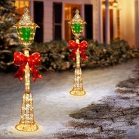 Farola Navideña con Luz LED, Estatua de Resina Decorativa para Fiestas, con Lazo Rojo, para Jardín Exterior, Farola Festiva para Calle