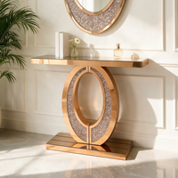 Table console moderne de luxe avec plateau en bois de chêne et verre, hauteur réglable, facile à nettoyer, finition marron pour salon de villa