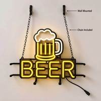 Panneau lumineux LED effet néon en forme de chopes de bière avec cadre métallique et chaîne de suspension, pour décoration murale de bar, pub, cave à homme, restaurant