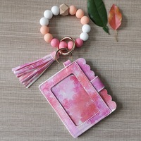 Porte-cartes en PU imprimé UV couleur macaron tendance avec pompon, livré avec porte-clés en silicone perlé, portefeuille multi-cartes pour documents d'identité