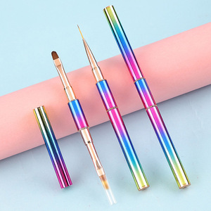 Pinceau à ongles double face en gel avec manche métallique arc-en-ciel, pinceau de précision 3D pour acrylique, tête oblique ronde, pour manucure et nail art en salon - Product Image 5