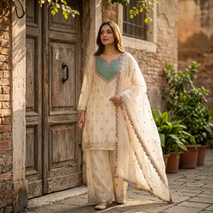 Traje Anarkali Tradicional Blanco Bordado con Dupatta, Corte Holgado, Algodón, Ropa Casual India y Pakistaní para Mujer, para Todas las Temporadas - Product Image 1