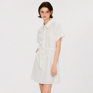 Robe chemise en coton blanc pour femme, manches courtes, col polo, boutonnée devant, taille à cordon, style minimaliste, printemps été, tenue décontractée - Product Image 2