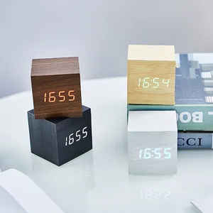 LED Wooden Digital Table Clock Voice Control Wood USB Powered Electronic Desktop Clocks Digital Alarm Clock