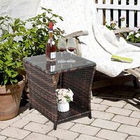 Table d'appoint moderne en osier pour extérieur avec plateau en verre trempé et cadre en fer pour patio, balcon, véranda, terrasse