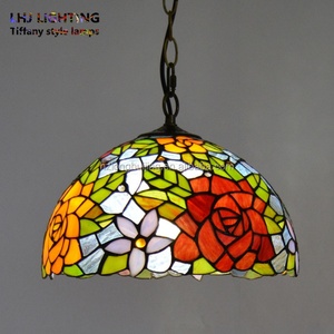 LongHuiJing 12 Inch European Stained Glass Rose Style Tiffany Pendant <b>Light</b> Home Table Lamp Stained Glass Lamp - Product Image 6