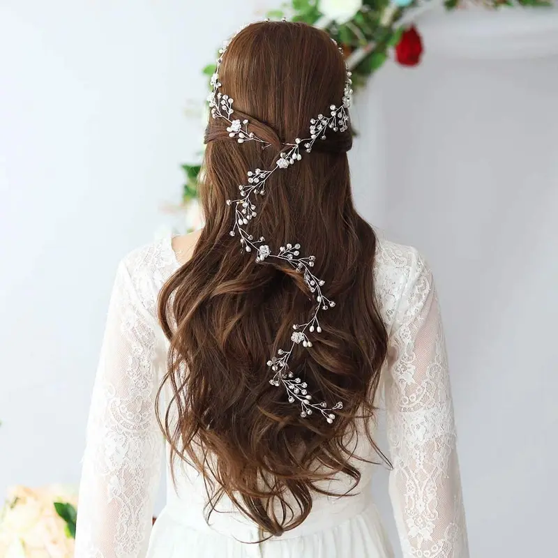 High Quality 50cm Wedding Rhinestones Hair Vine Hairband Leaves Pearl Hair Accessories Bridal Hair Vine for Wedding Bridal