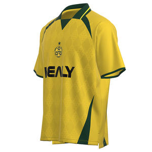 Maillot de football américain HEALY jaune et vert foncé contrastant, imprimé avec un badge géométrique en relief, col en V, manches courtes, chemises de sport pour hommes - Product Image 2