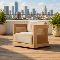 Moderner Outdoor-Teakholz-Drehsessel mit Rattan-Seitenpaneel Luxuriöser Garten-Terrassen-Loungesessel Wasserdicht für Villa-Terrasse
