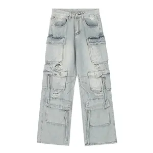 Men Cargo Denim Pants Fashion Street Wear Distressed Frayed Hem Big Pocket Stone Wash Vintage Cargo Pants For Men