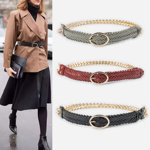 Nuova <span class=keywords><strong>Cintura</strong></span> da <span class=keywords><strong>Donna</strong></span> in Pelle Intrecciata con Catena Metallica, <span class=keywords><strong>Cintura</strong></span> Vintage in Pelle Laccata con Fibbia Ovale per Abiti da <span class=keywords><strong>Donna</strong></span> - Product Image 2