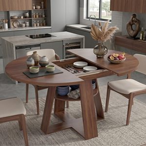 Table à manger ronde en bois moderne SENYU avec étagère de rangement, extensible, 4 places, mobilier de maison, design mid-century - Product Image 6
