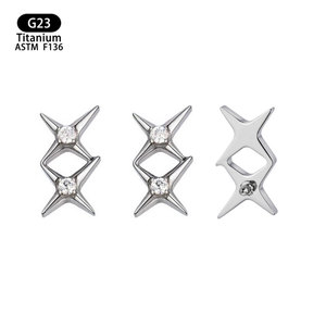 Pendientes <span class=keywords><strong>de</strong></span> <span class=keywords><strong>Titanio</strong></span> F136 ASTM con Zirconia Cúbica, Diseño Vintage <span class=keywords><strong>de</strong></span> Doble Estrella <span class=keywords><strong>de</strong></span> Cuatro Puntas <span class=keywords><strong>para</strong></span> Piercing Corporal, Regalo - Product Image 5