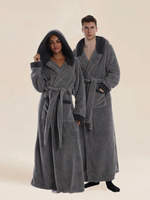 Peignoir thermique à capuche pour couple, gris foncé uni, avec bordure en sherpa, surdimensionné, long et moelleux, idéal pour spa, hôtel, hiver, maison, douche
