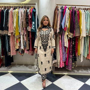 Embroidered Salwar Kameez Set Beige Black Floral Printed <b>Top</b> and Pants Casual Party Wedding <b>Indian</b> Women Apparel - Product Image 1