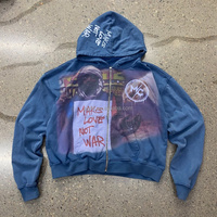 Nouveau style 2026 Sweat à capuche pour homme en coton délavé vintage, avec motif 'Make love Not War', entièrement zippé, coupe oversize à épaules tombantes, style streetwear rétro