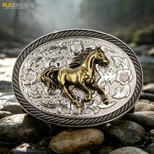 Hebilla de Cinturón Metálica con Diseño de Caballo Corriendo, Ovalada, Bicolor, Plata Antigua y Bronce, Relieve 3D, <span class=keywords><strong>Mustang</strong></span>, Rodeo, Ecuestre, Regalo para Hombre - Product Image 1