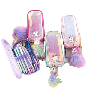 Kawaii pink colour girls pen box laser glitter holographic unicorn pencil case with plush pendant