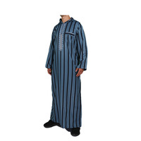 Thobe musulman en coton à manches longues en tissu rayé pour homme adulte avec casquette