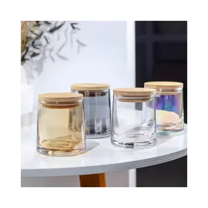 Ébauches de sublimation claires petit photophore Vaso Para Velas Con Tapa pot de bougie en verre vide avec couvercle en bois