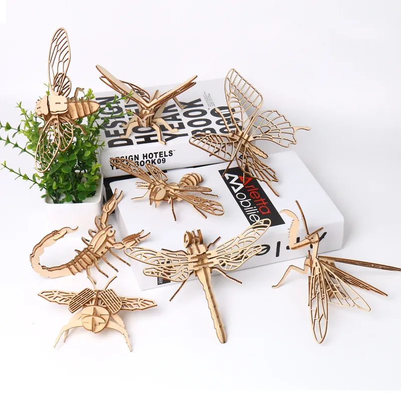 Mainan model rakitan kayu, teka-teki 3D Serangga dan serangga, simulasi DIY