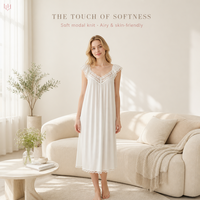 Robe de nuit en coton modal pour femme, col sans bretelles, manches courtes, volants, longueur mi-longue, style minimaliste, pour l'intérieur – Grande Vente