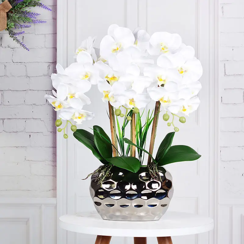 Orquídea artificial en jarrón Orquídea blanca Seda Faux Phalaenopsis Orquídea Planta en maceta Flor falsa Arreglo de decoración del hogar