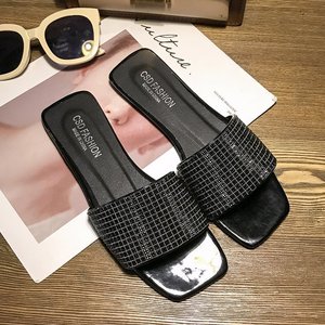 Sandales plates à strass pour femmes, tendance, à bout ouvert, scintillantes, pour l'été, chaussures décontractées d'extérieur - Product Image 1