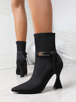 Bottines à bout pointu pour femmes, avec boucle en métal, talon épais évasé, fermeture éclair latérale, coupe ajustée, élégantes, pour soirée, bottines courtes noires
