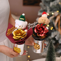 Bunga Buatan Tangan Berbentuk Beruang dari Katun, Buket Krim Puff, Boneka Lucu, Bunga Berlapis Emas, Natal