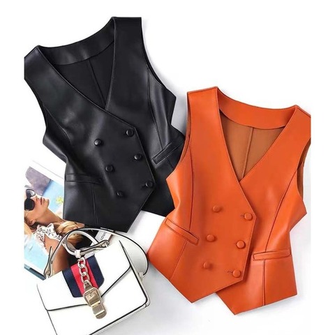 Double Breasted Casual Short Genuine Leather Vest for Women