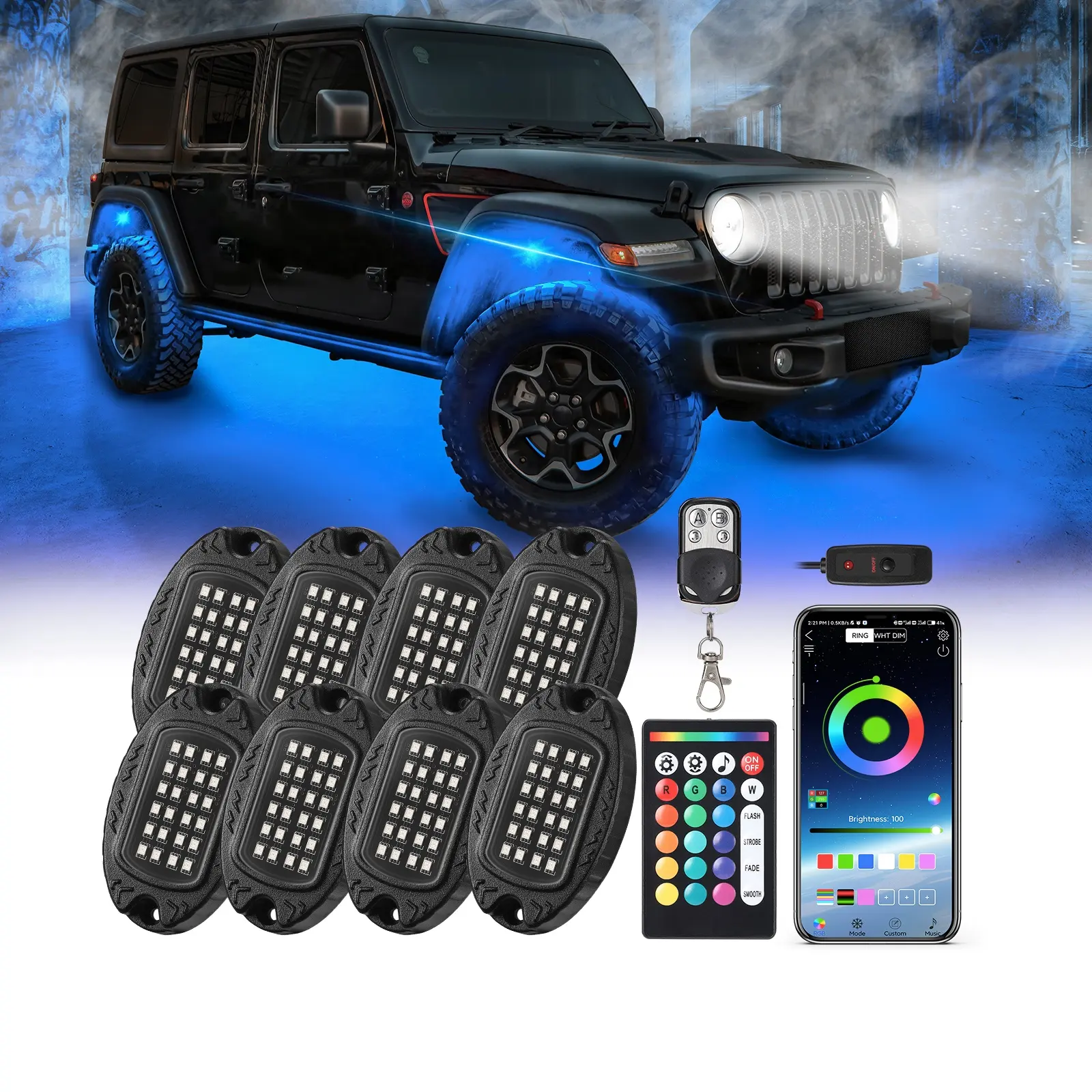 8Pods Metall RGBW LED Rock Lights mit APP/RF Fernbedienung 24LEDs Under glow Lights mit Dual Zone Bremslicht Blinker 12V