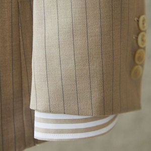 Blazer da Uomo Beige a Righe Sottili in Poliestere <span class=keywords><strong>Doppiopetto</strong></span> Vestibilità Sartoriale Retrò per Abbigliamento Business <span class=keywords><strong>Estivo</strong></span> e Pendolarismo - Product Image 2