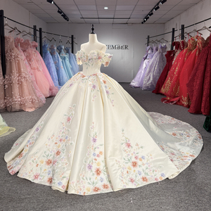 Dy8561 Ivory Shoulder Floral Embroidery Ball Gown Wedding Dress Beaded <b>Corset</b> Appliques Natural Waist Chapel Train Bridal Party - Product Image 3