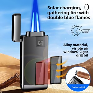 Encendedor de doble chorro directo alimentado por energía <span class=keywords><strong>solar</strong></span> a prueba de viento recargable dos en uno encendedor de cigarrillos de metal obsequios de diseño clásico de moda - Product Image 2