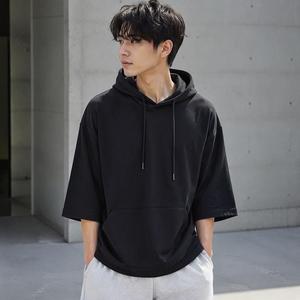 Sweat à capuche noir pour homme à manches trois-quarts, coupe décontractée, avec poche kangourou avant, style streetwear décontracté, automne, anti-plis - Product Image 1